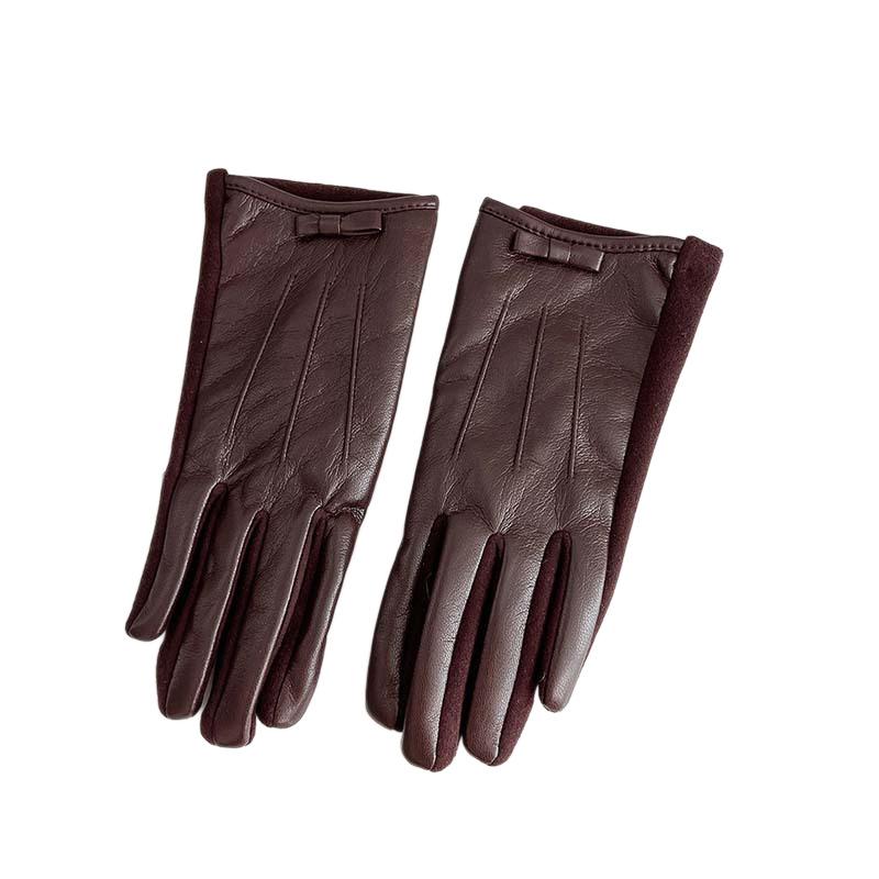 New Leather Finger Gloves for Women's Winter Outdoor Cycling, Warm and Cold Proof, Solid Color, High-end Feeling Gloves