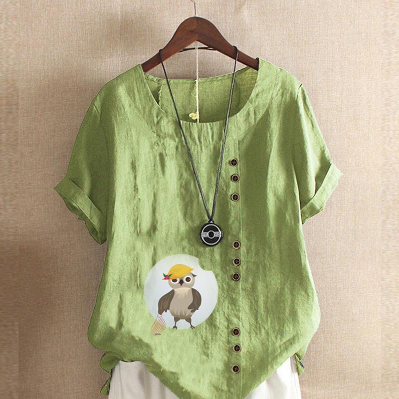Women's Fashion Owl Prined Short Sleeve T-shirt Loose Cotton Shirt Casual Loose Summer Blouse Tops Plus Size