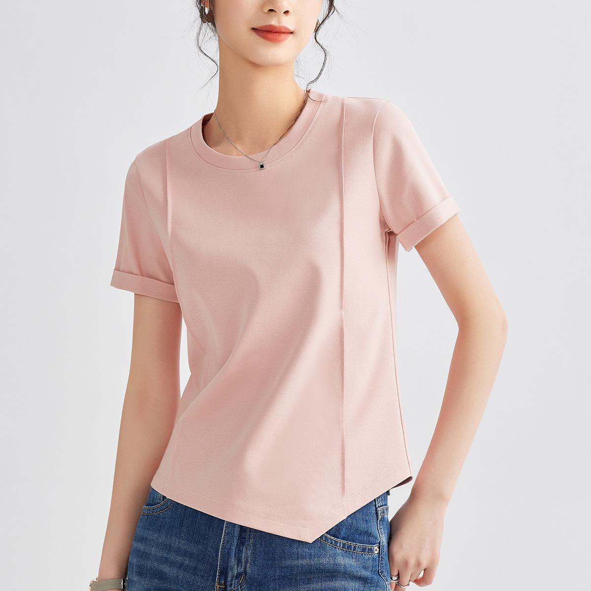 

Женский летний новый нерегулярный дизайн Sense однотонный круглый воротник все короткий рукав топ XXXL розовый