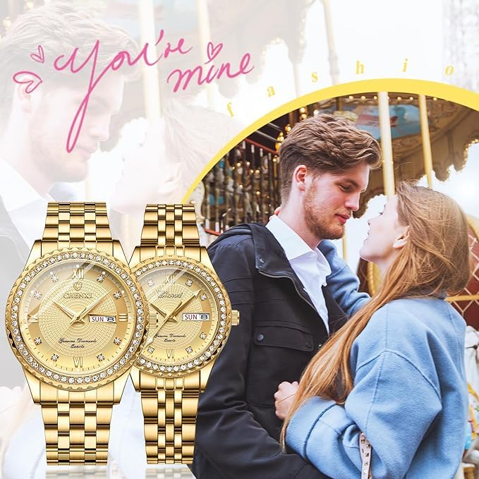 Stylish and Simple Gold Couple Watches: Diamond, Analog Display, Stainless Steel, Calendar, Waterproof, Quartz Movement, Leisure, Business, Couple's