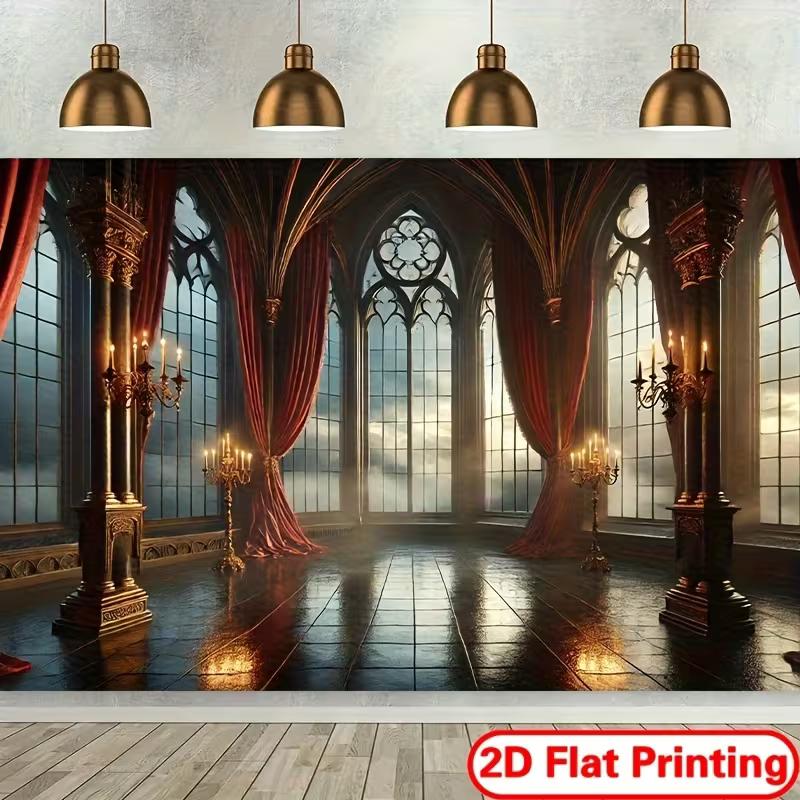 

2D Medieval Castle Ballroom Backdrop Gothic Window & Candelabra Photo Booth Background 47.2x31.5inch/120*80cm