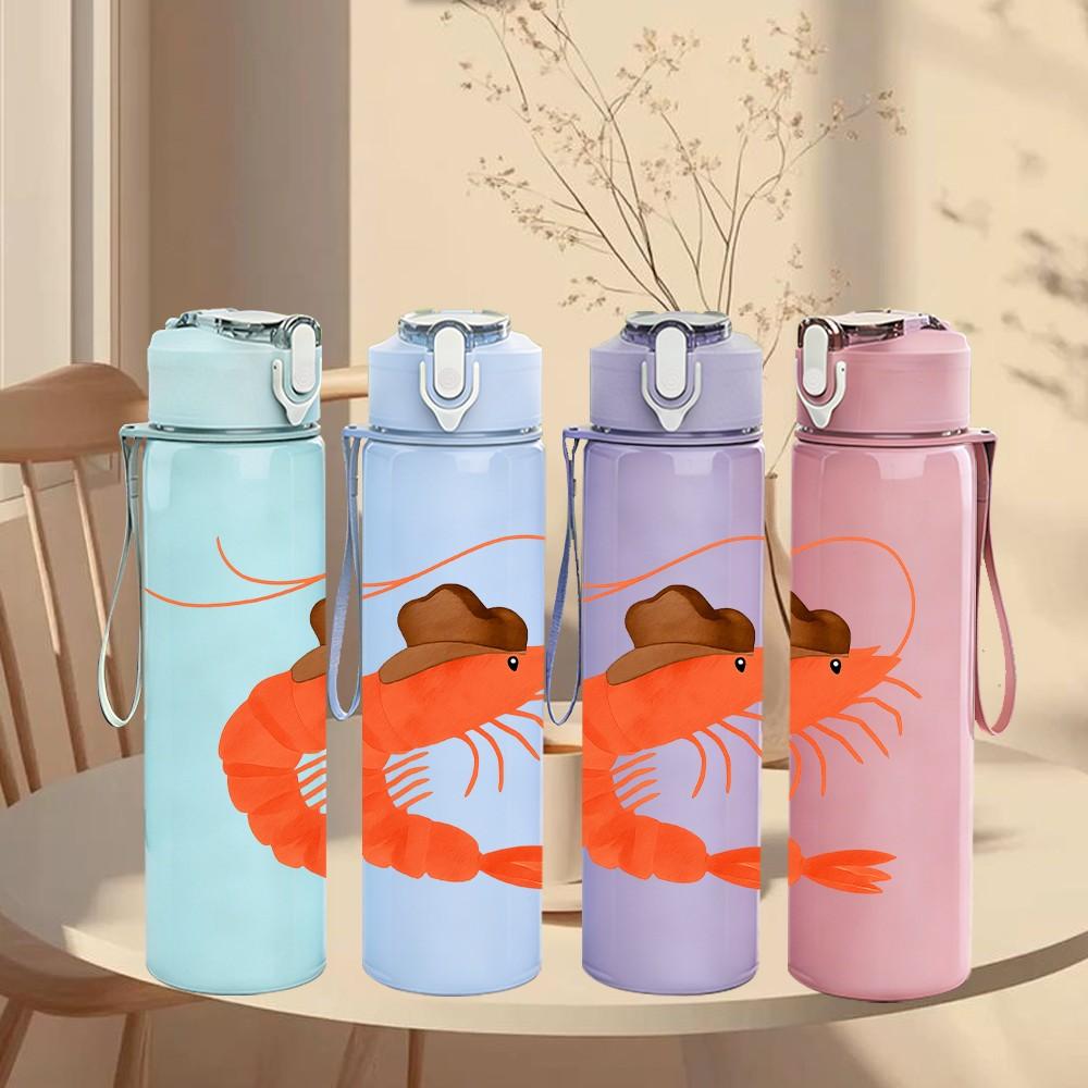 1PC Fresh Shrimp Cartoon Art 750ml Color Plastic Sports Water Bottle Leakproof Flip Straw Lid Suitable for Sports Office Home Use