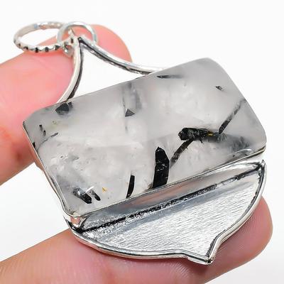Natürlicher Schwarzer Rutil Edelstein Handgefertigt 925 Sterling Silber Anhänger 2.21" c1j34