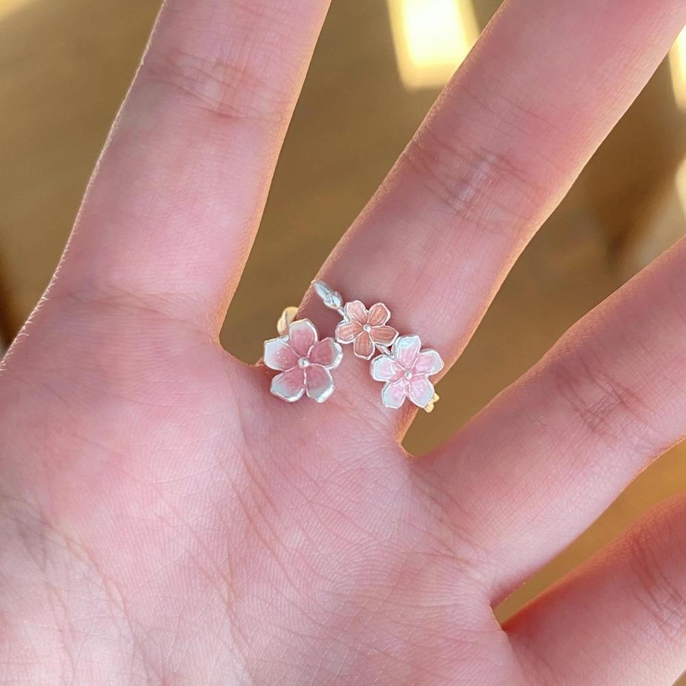 New Chinese-Style Enamel-Colored Cherry Blossom Openable Adjustable Rings For Women Sweet Temperament Stainless Steel Jewelry