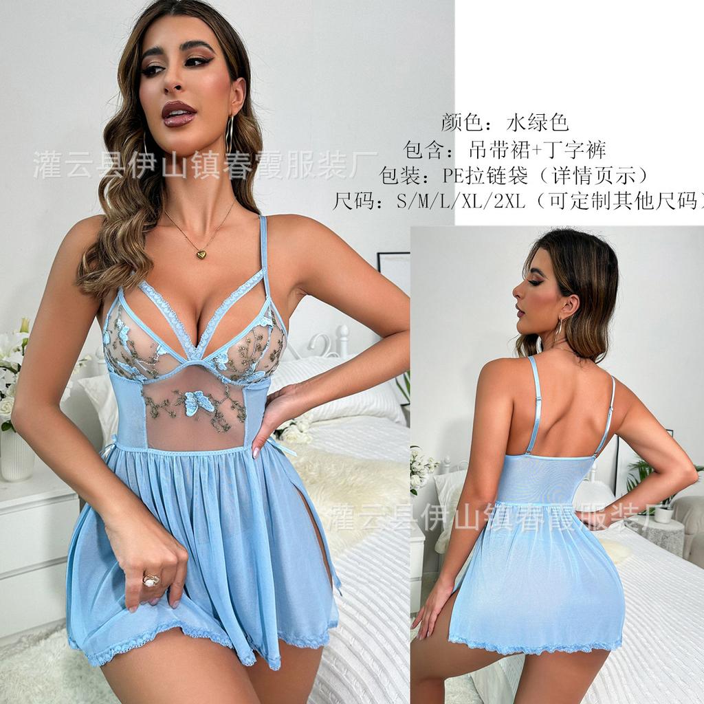 Sexy Sexy Deep V Low Cut Temptation Pajamas Backless Solid Color Comfortable Suspender Skirt Loungewear Set