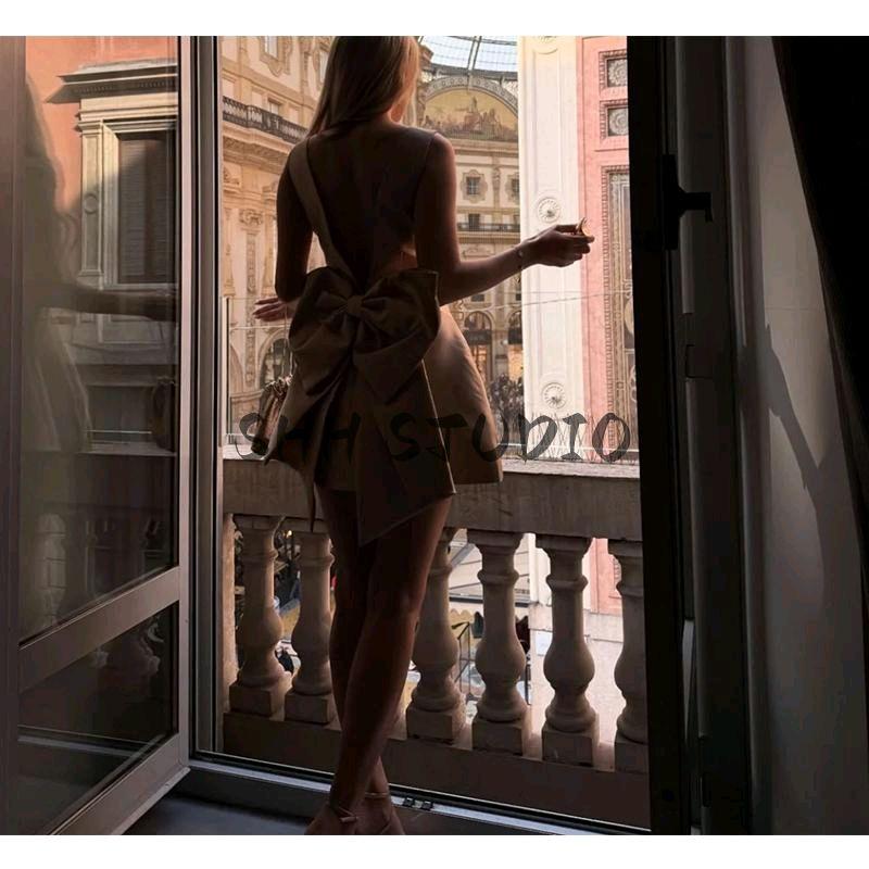 Spring New Women's Clothing Fashion off-Neck Sleeveless High Waist A- line Satin Backless Bow Dress Dress