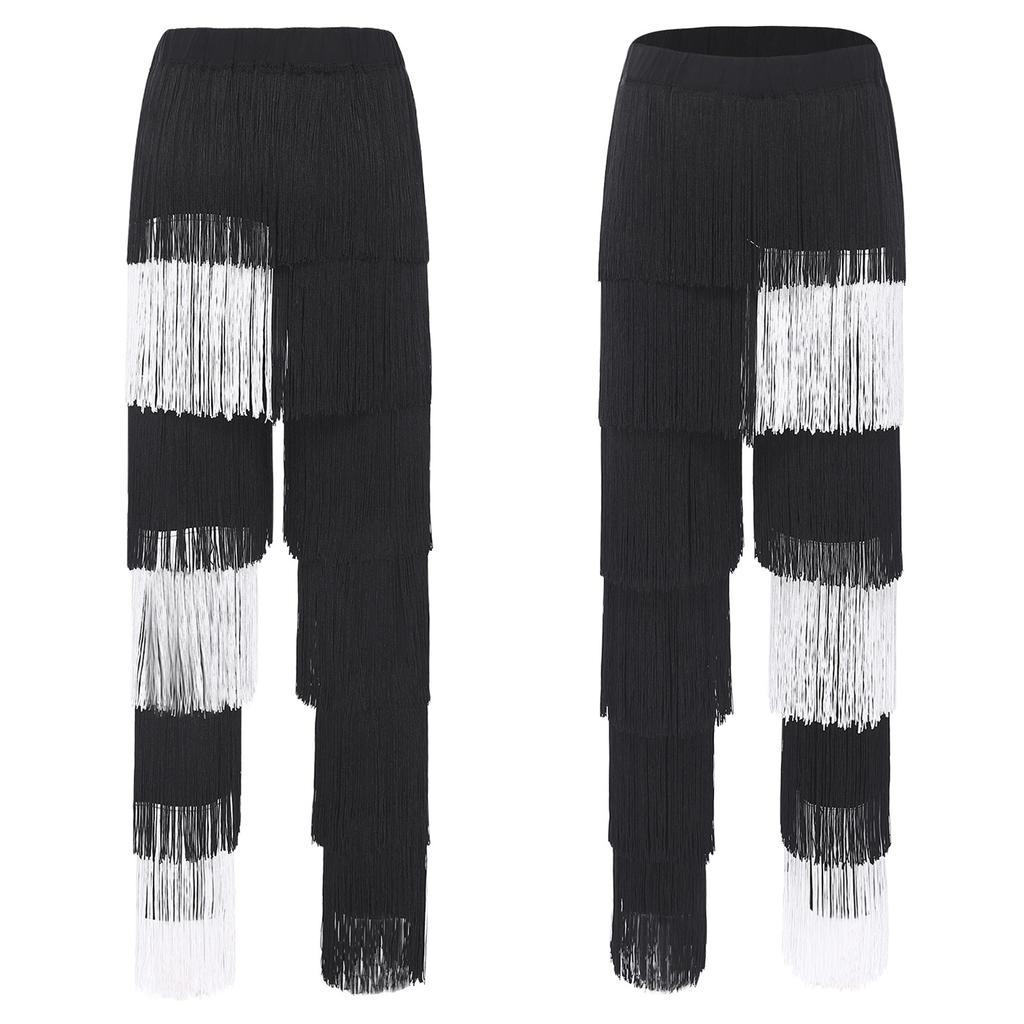Women's Latin Dance Fringe Pants S-3XL: Elastic Waistband Contrast Color Tassel Trousers for Chacha Tango Rumba Dance Costume