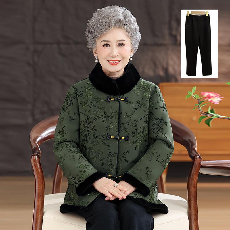 Chinese Winter Deer Velvet Coat with Fur Collar for Middle-Aged & Elderly Women