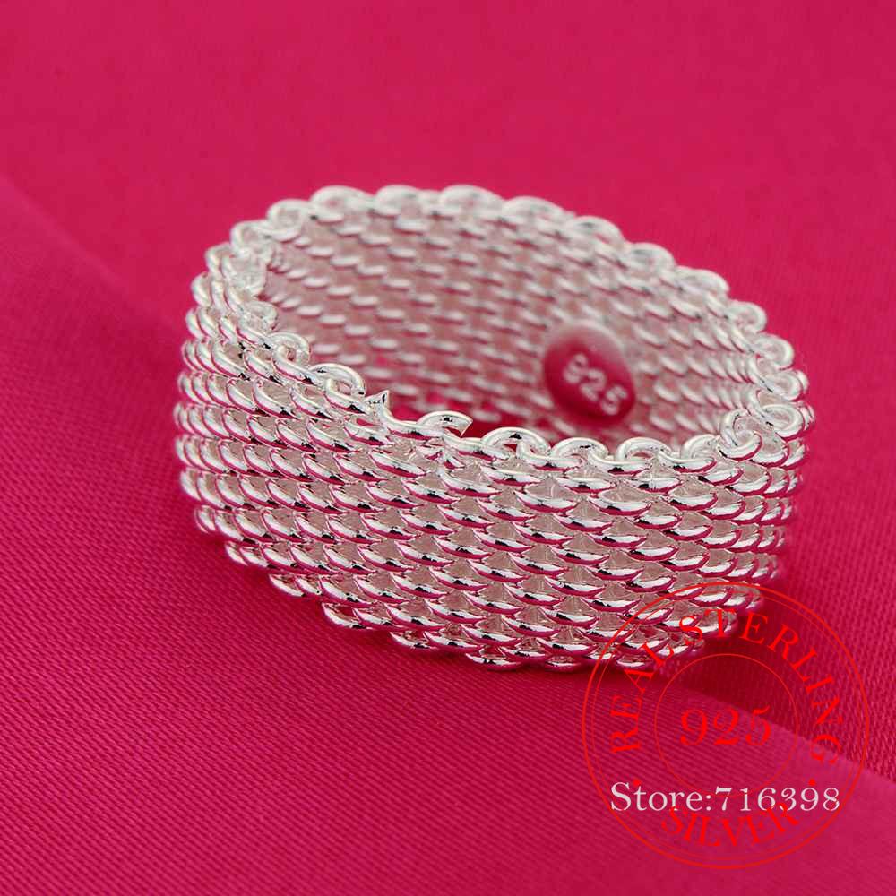 

100% 925 Sterling Silver Rings for Women Silver Weaving Wide Ring Personality Fashion OL Woman Girl Party Wedding Gift 10