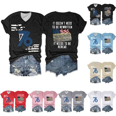 Damen T-Shirt Lässig Locker Bedruckt V-Ausschnitt Pullover Kurzarm Oberteil