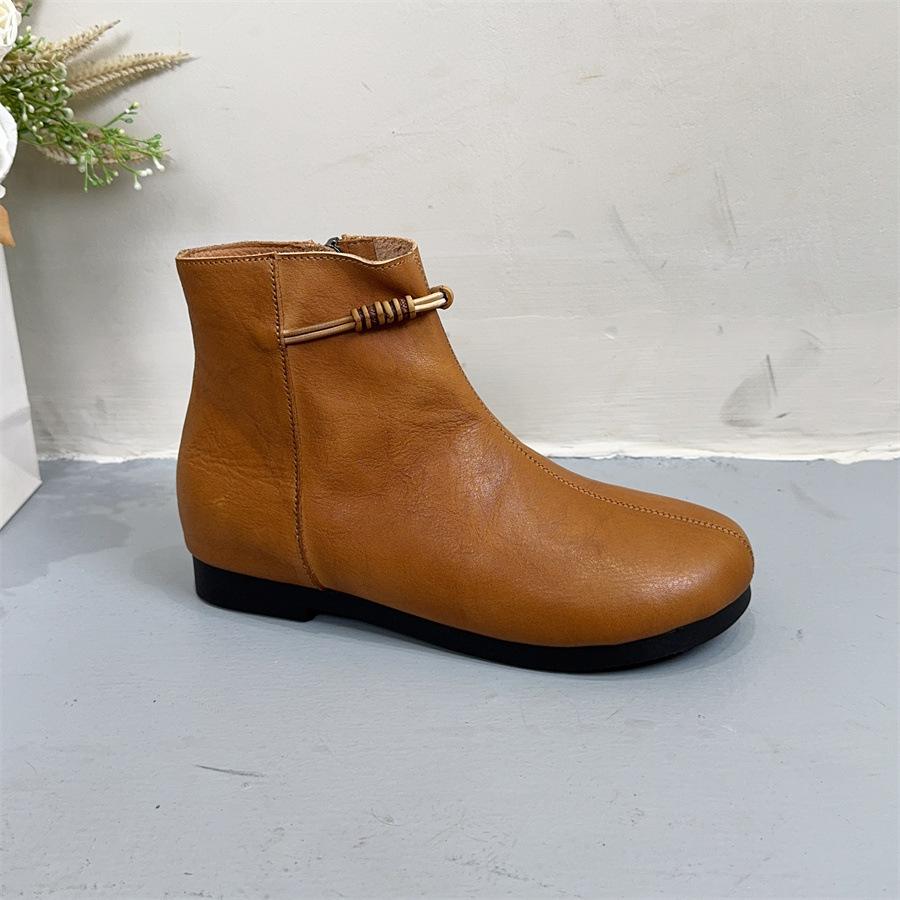 Johnature Retro Short Boots With Side Zipper Genuine Leather Soft Sole Comfortable Women's Shoes