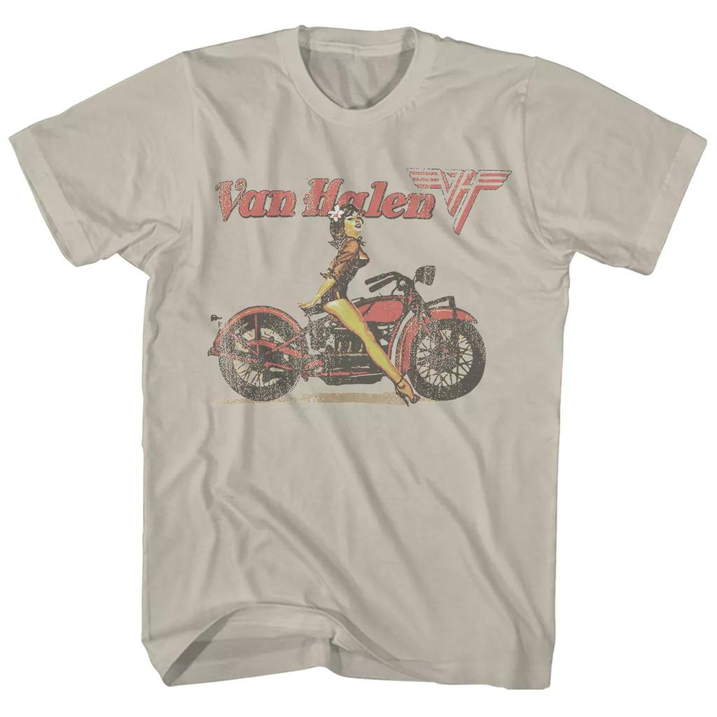 Van Halen Biker Pin Up T-shirt Mens Rock and Roll Music Classic Band Tee Sand
