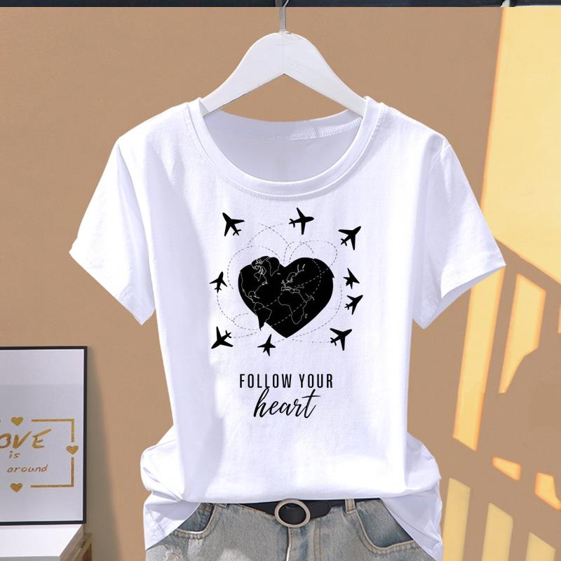 (Asian Size) leopard letter trend Top O-neck Tee Fashion Print Casual Short Sleeve T-shirts T Graphic Female Women's Clothing