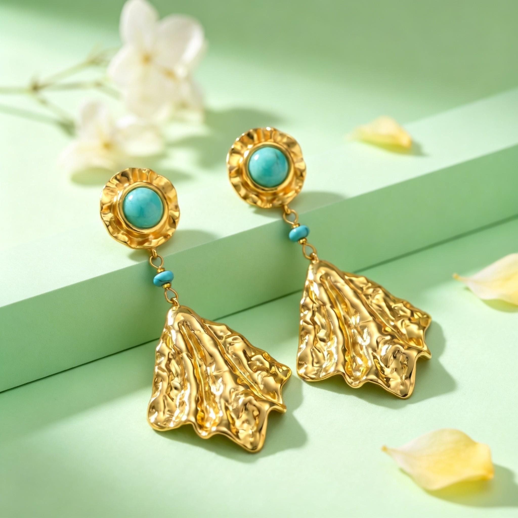 

Exaggerated Geometric Dangle Stud Earrings for Women,Stainless Steel Wrinkle Texture Turquoise Earrings, Vintage Jewelry Gift