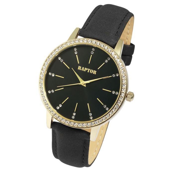 Montre - RAPTOR - Brilliance - Boîtier doré 40 mm - Cadran noir index dorés - Bracelet cuir noir 18 mm