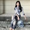 Elegant Chinese-Style Cheongsam Dress with Ink Print and Stand Collar - Plus Size, Mid-Length Skirt with Slit for Summer.