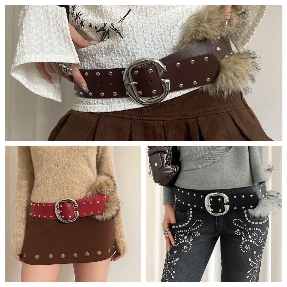 Rivet Leather Fur Belt Faux Fur Plush Belt Vintage Y2K Waistband  Daily