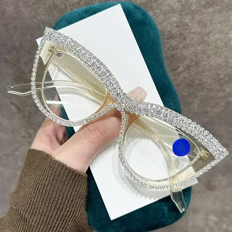 Men Anti Blue Light Far Sight Eyeglasses Cat Eye Diamond Studded Reading Glasses Women Presbyopia Glasses