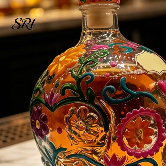 3D Sculpted Skull Decanter Gothic Decanter, Hand Painted Glass Liquor Bottle with Floral Themed Party Decor Design, Carved Wine Dispenser for
