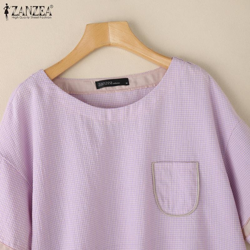 ZANZEA Women Summer Round Neck Casual Grid Print Short Sleeve Blouse