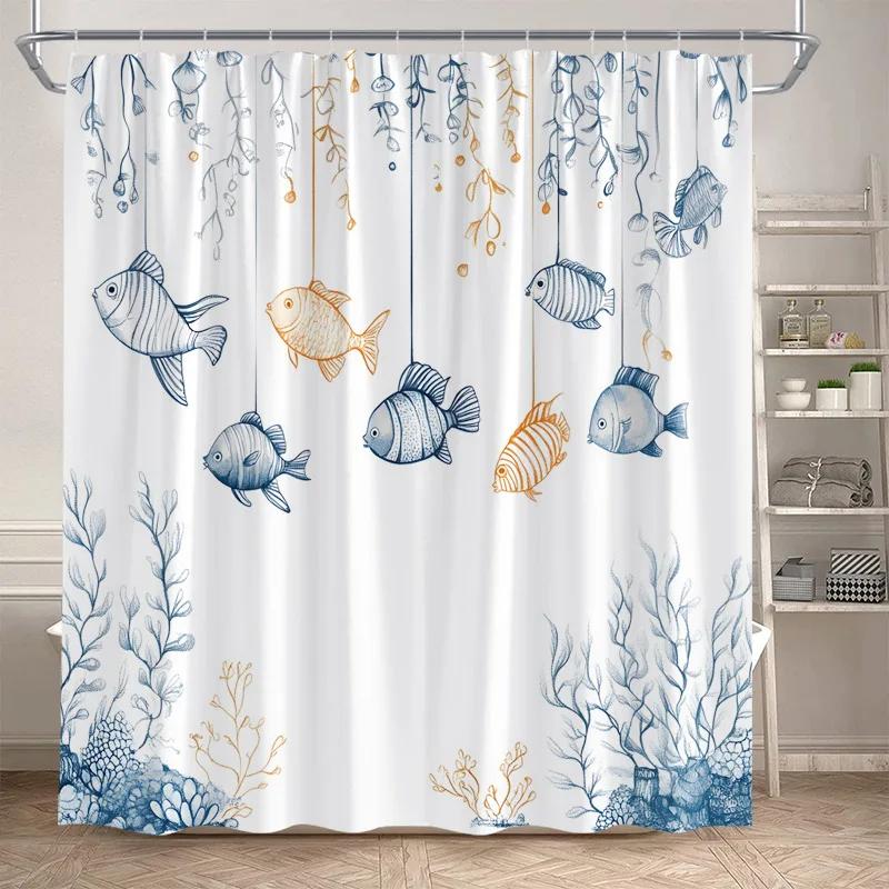 Ocean Fish Shower Curtains Watercolour Coral Sea Animals Kids Bath Curtain Polyester Cloth Modern Home Bathroom Decor with Hooks