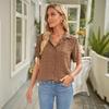 Haut chemisier chemise pour femme, été, col à revers, couleur unie, ample, manches courtes, polyvalent