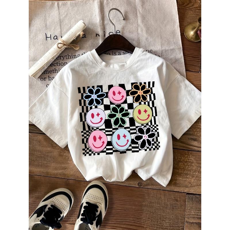 Smiley Face WINK Print Pattern Round Neck Short Sleeve T-shirt Casual Versatile Style Suitable for Summer Girls Daily Wear 160cm белый
