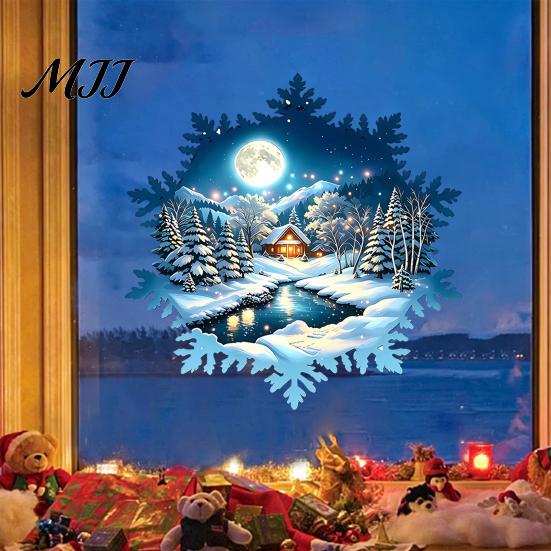 Transparent PVC Festive Decor Snowy House Window Cling, Static Sticker with Moonlit Forest Scene and Easy to Remove Glass Art Large Snowflake