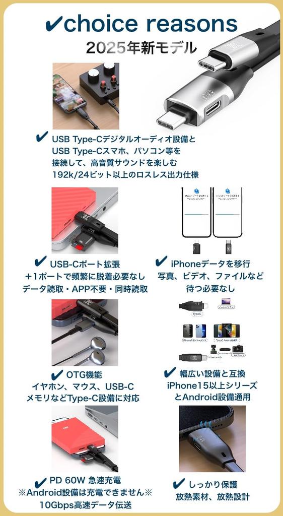 Cable de Audio OTG USB-C a USB-C WHQ [Lanzamiento 2025, Decodificador, Puerto de Expansión USB-C, Transferencia de Datos de Alta Velocidad a 10 Gbps] Carga Rápida PD 60W, HDDSSD,