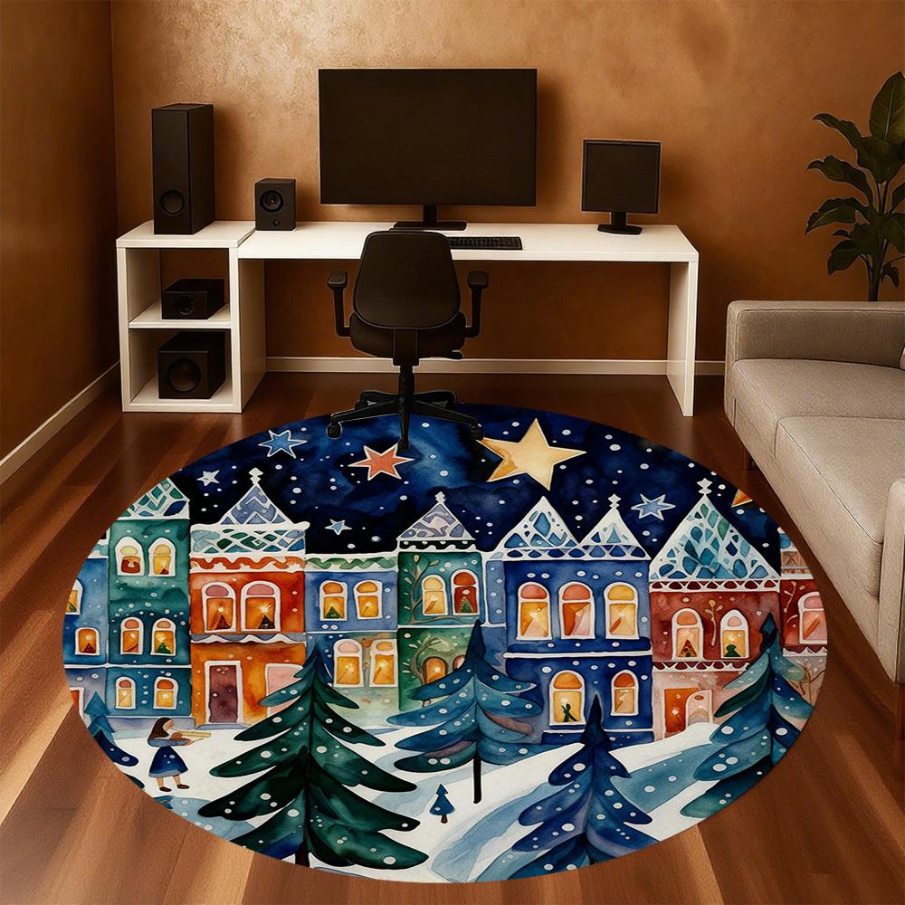 1pc Christmas Town Round Chair Mat Office Area Rug - Non-Slip, Floor Mat for Office, Bedroom, Ideal Home Decor Gift P0105118