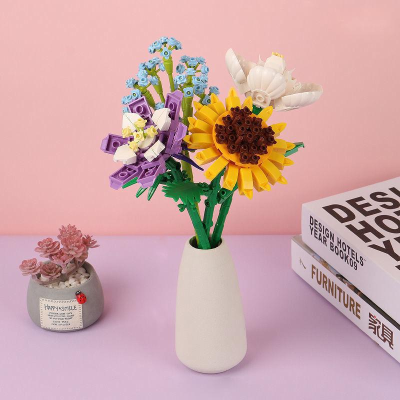 Flower Bouquet 3D Model Toy Mini Build Blocks for Girl Plant Potted Assemble Brick Decoration Holiday Girlfriend Gift
