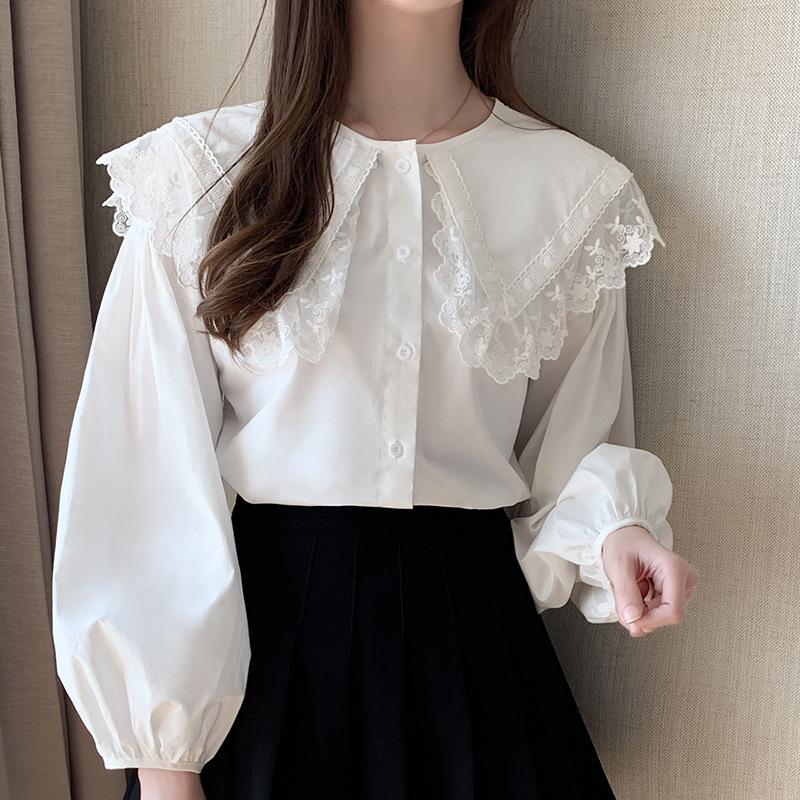 

Korean Style Doll Collar Lace Trim Long Sleeve Shirt for Spring & Autumn M білий