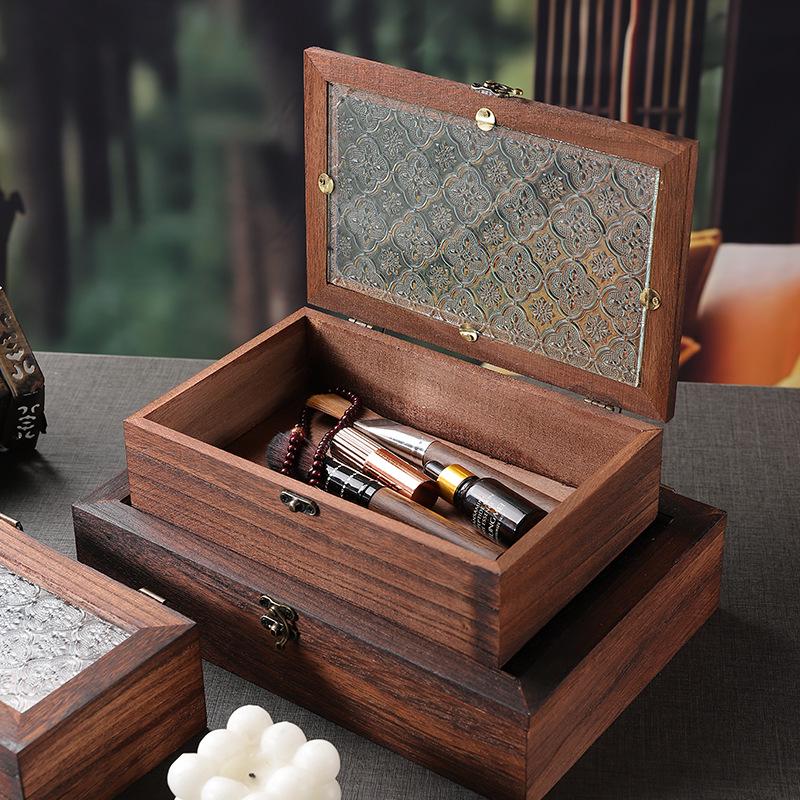Retro Begonia Glass Lid Wooden Storage Box for Sundries, Dried Fruits, Cosmetics, and Documents