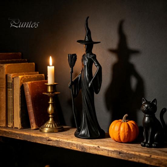 Spooky Home Decor Cute Witch Cat Resin Figurine, Halloween Garden Statue, Ornaments for Yard Patio Balcony Window Sill Outdoor Seasonal Decorative