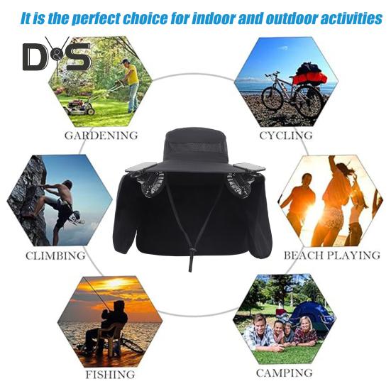 Solar-Ventilator-Hut mit Nackenklappe, LSF 50+, UV-Schutz, Hut mit 2 Solar-Ventilatoren, atmungsaktiv, für Herren, Sommer, Outdoor-Aktivitäten, Angeln, breite Krempe