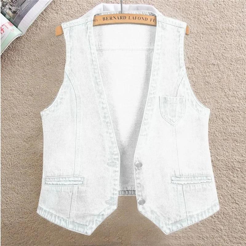 Women's Slim Single-breasted Denim Vest Sleeveless Jacket Solid Color All-match Top Spring Autumn ThreeThree