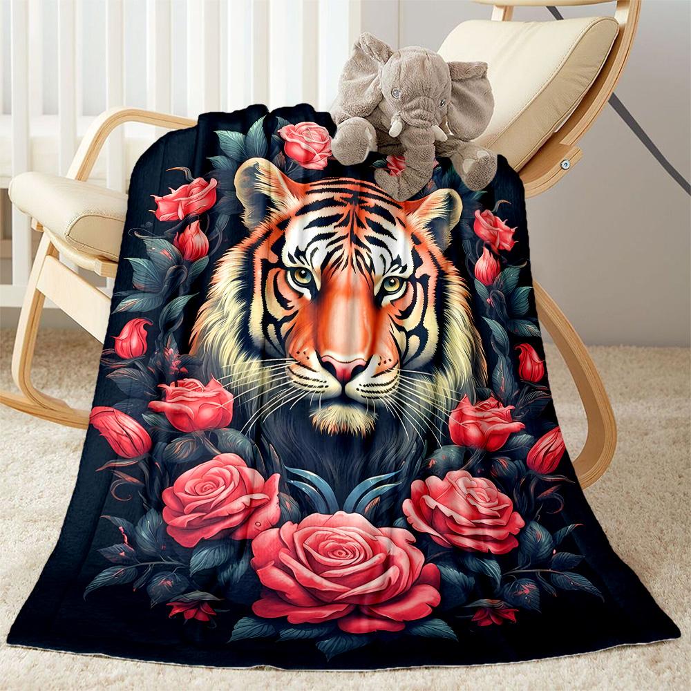Tiger And Roses Blanket Suitable for Offices, Travel, Living Rooms Also a Good Gift for Friends and Family Suitable for All Seasons.