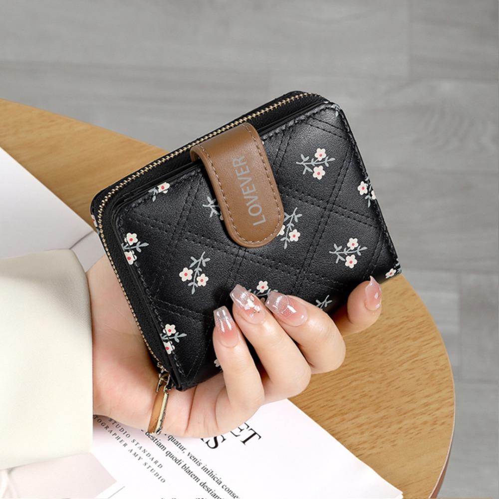

Fashion Flower Short Wallet Mini Large Capacity Coin Purse PU Leather Lightweight ID Card Holder for Women чёрный