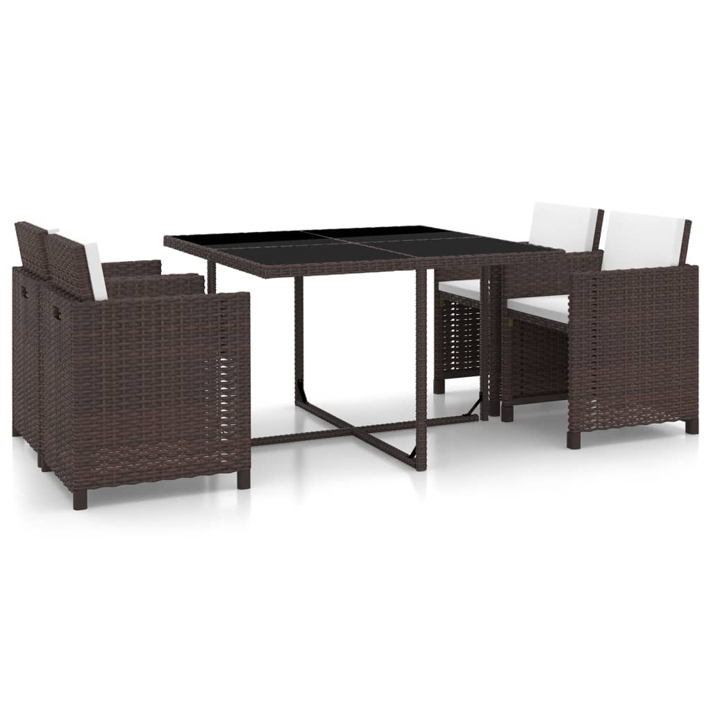 5 Piece Garden Dining Set with Cushions Poly Rattan Brown