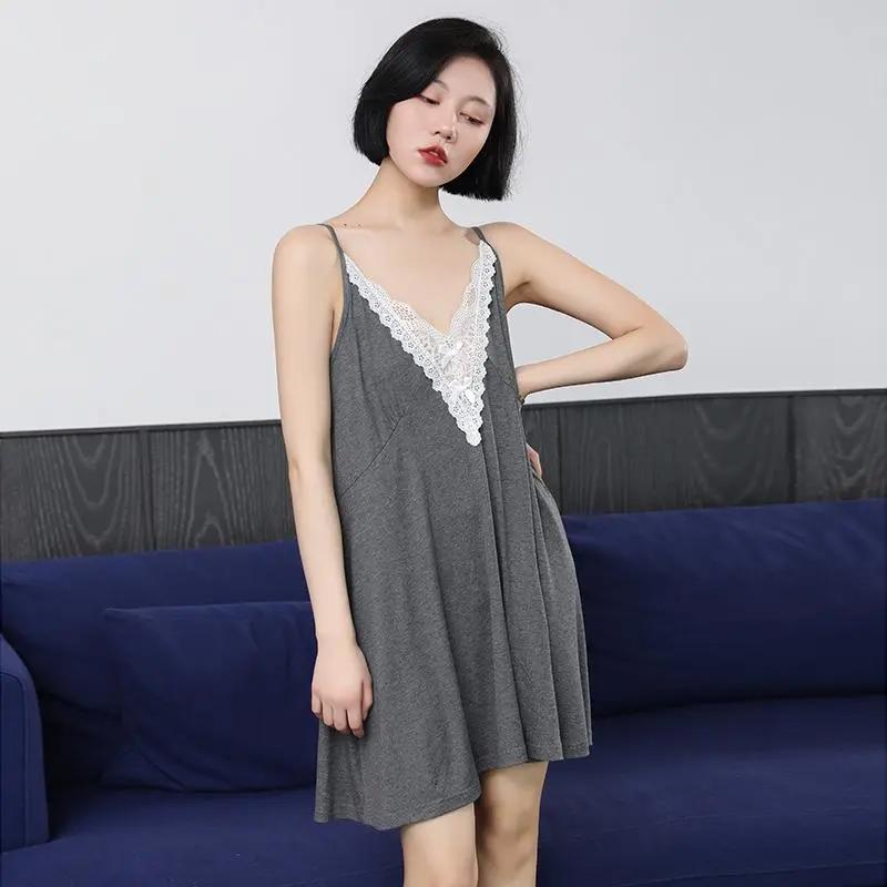 Skirt Nightgown for Woman Pajamas Sleeveless Sexy Camisole Loose Halter V-neck Dress Casual Printed Soft Long Lace Dresses