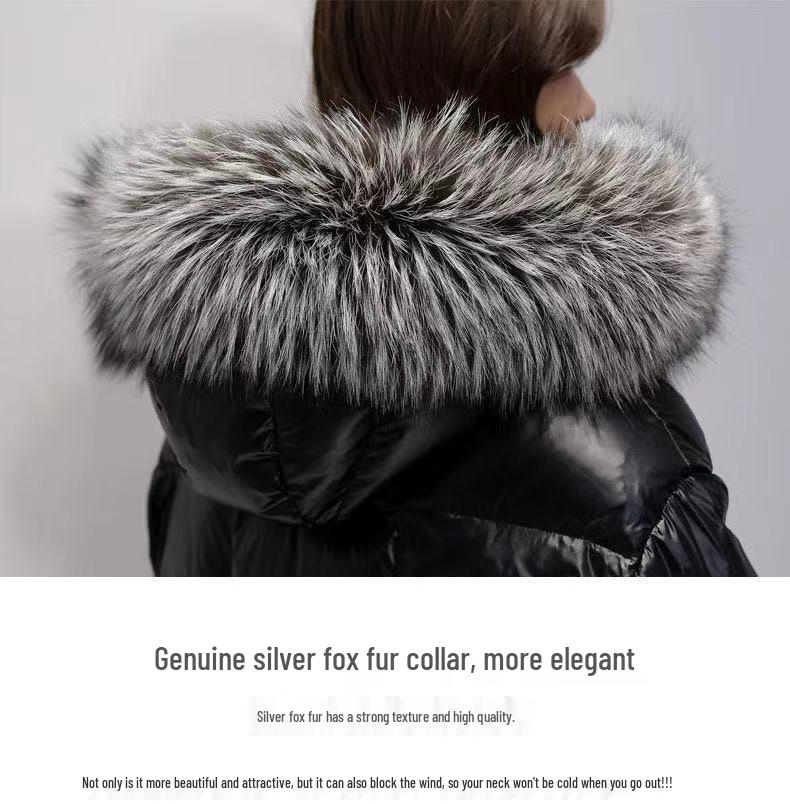 Veste en coton noir brillant longueur genou pour femme 2025 avec col en fourrure