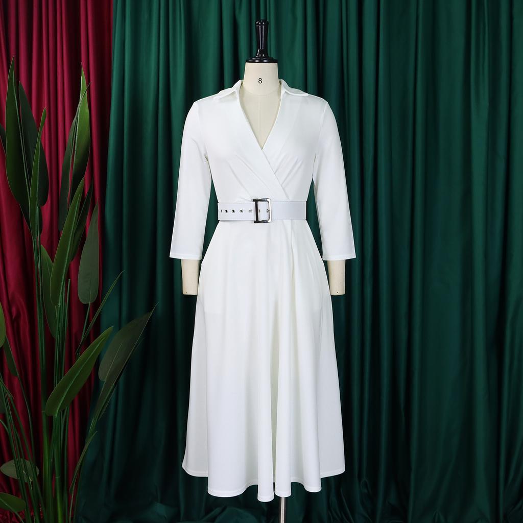 Large Size Women's Autumn New Lapel Fashion Temperament Solid Color Swing Skirt Dress