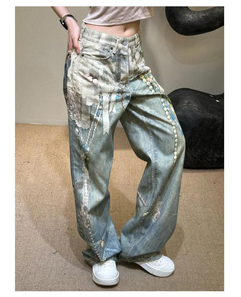Jeans Casual Strappati con Orlo in Pizzo 3D e Stampa a Catena di Perle