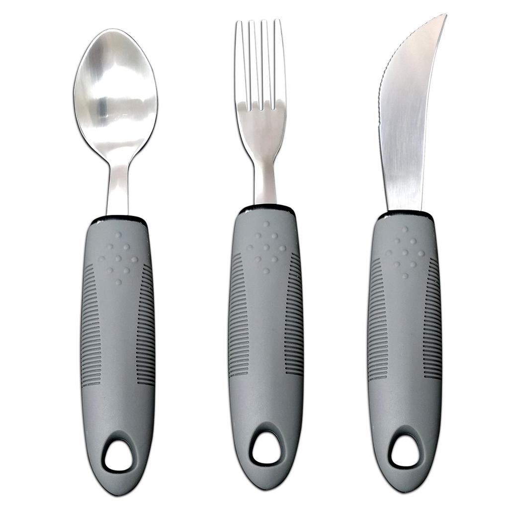 Adaptive Stainless Steel Anti-Tremor Tableware Set: Ergonomic Knife, Fork, Spoon with Rubber and Plastic Handles for Elderly Assistance