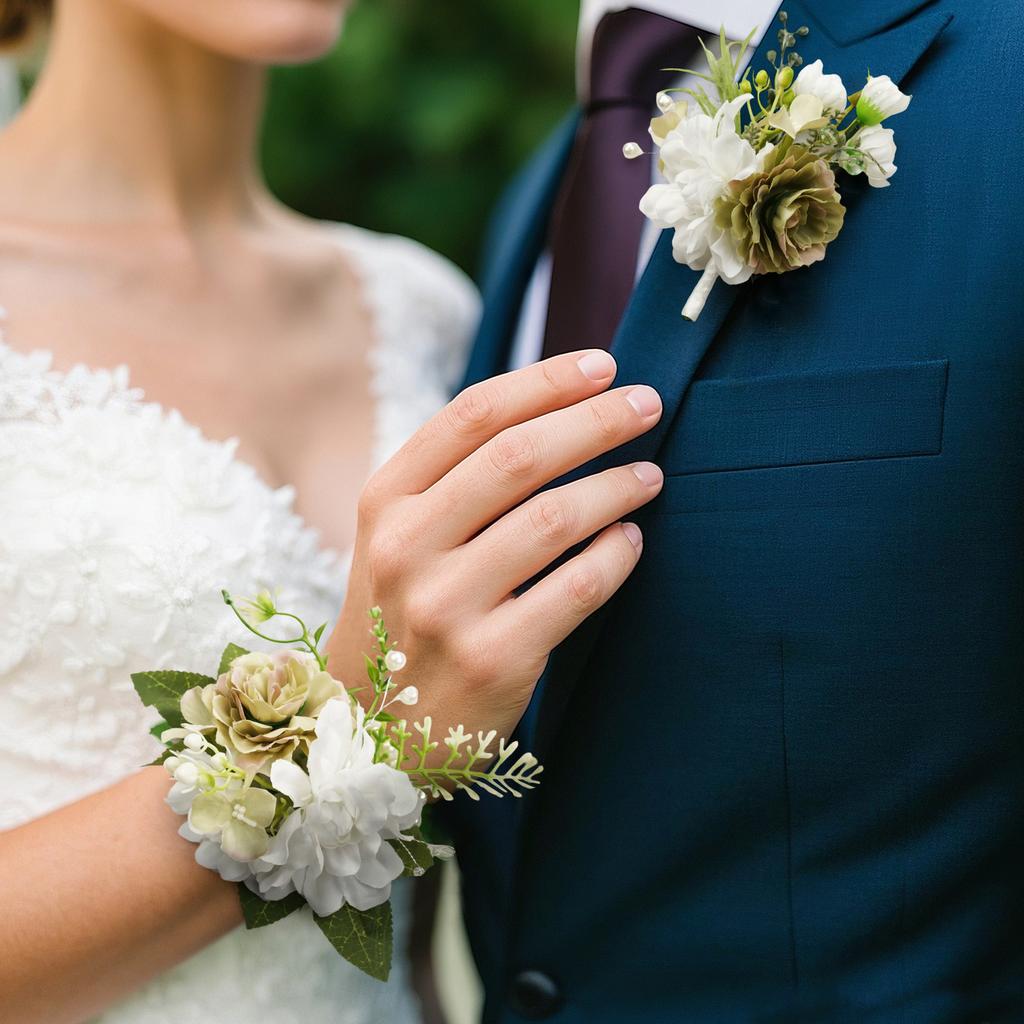 8PCS Green White Artificial Wedding Flowers Set Bridal Bouquet Boutonnieres Corsage for Wedding Ceremony Anniversary Prom Decor