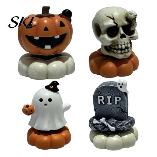 Spooky Home Decor Halloween Figurine, Small Resin Rotating Ghost Skull Pumpkin Gravestone Table Decorations Statue, Collectible Tabletop Ornament for