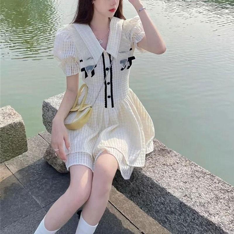 Hotsweet Cupcake Dresses Fashion Lace Spliced Button Women's Sweet Bow Doll Collar Summer Thin A-Line Waist Mini Dress