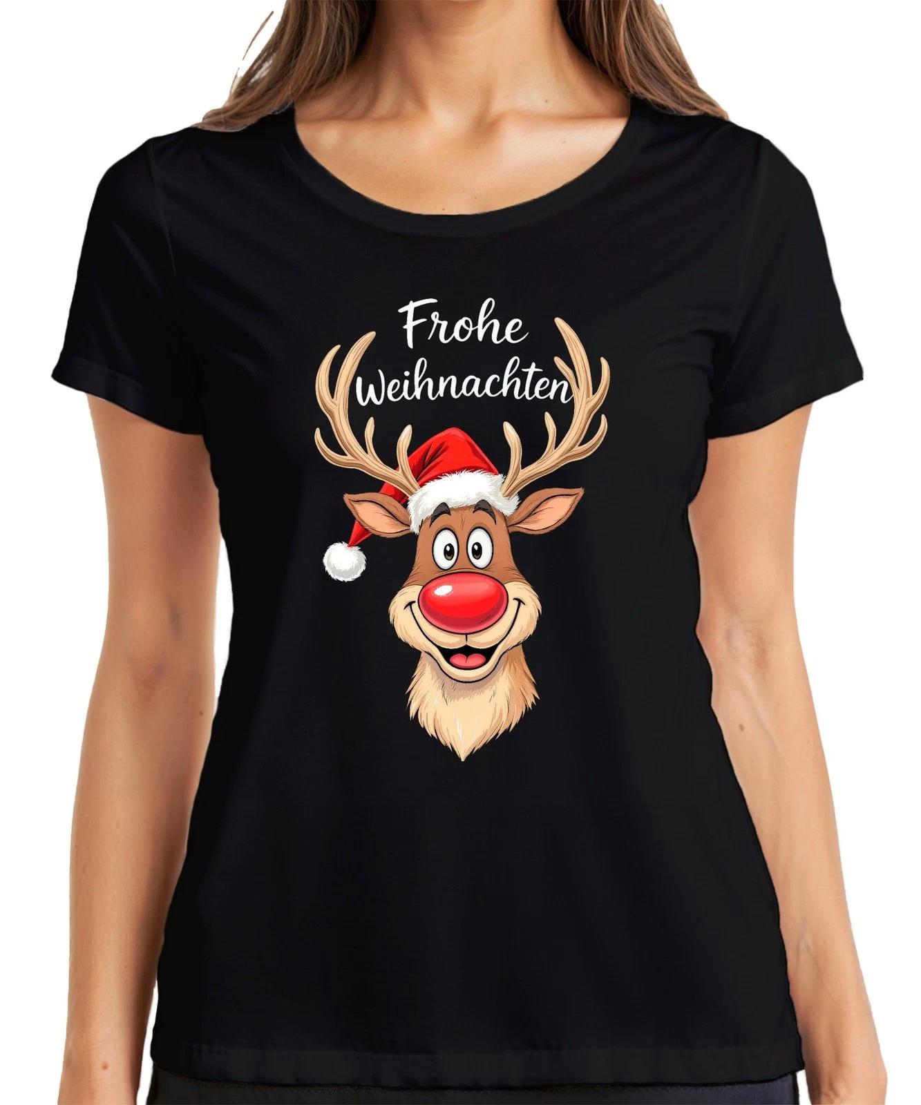 Frohe Weihnachten Rentier Rudolph Rotnase Nikolaus Mütze Lustig Damen T-Shirt XXXL