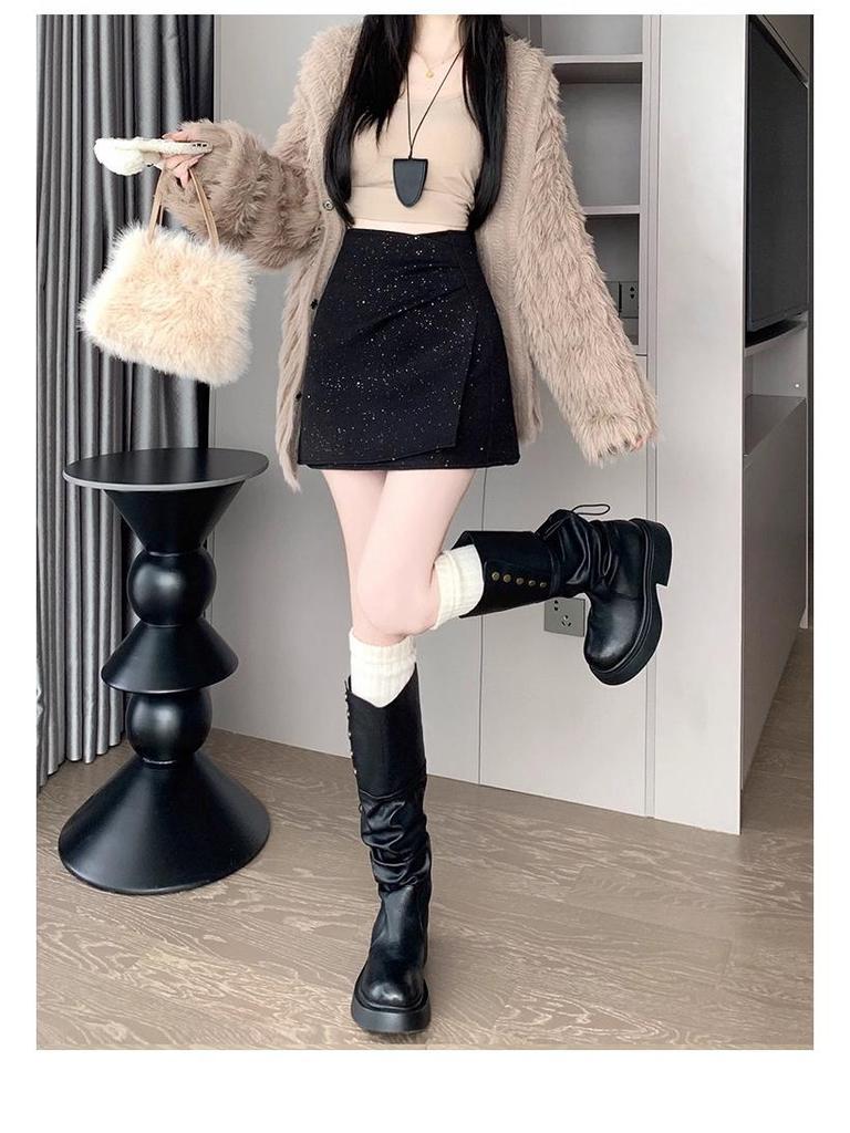 Women's High Waist Irregular Sequin Pleated A-line Skirt - Autumn/Winter 2025 Collection