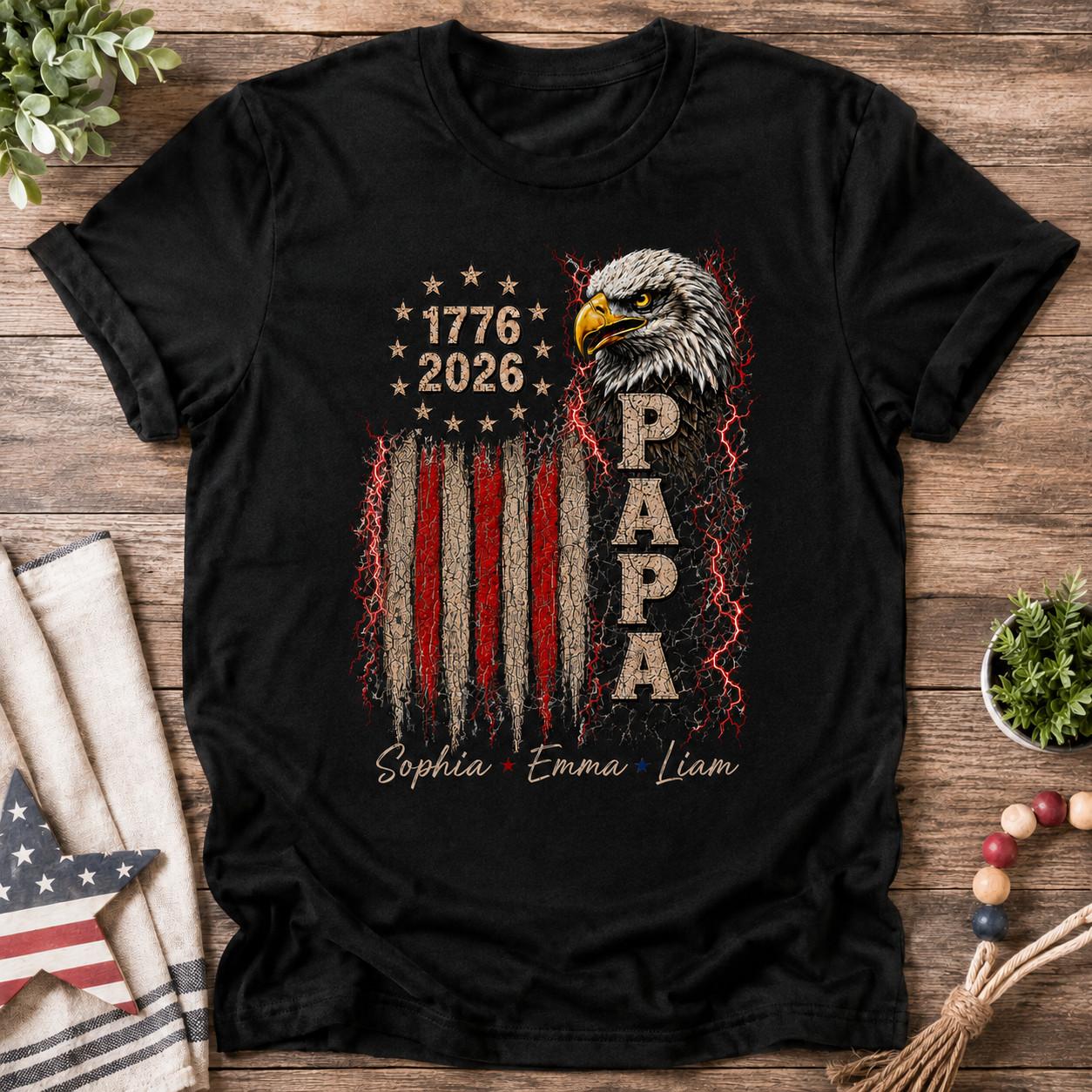 Personalized Patriotic Papa T-Shirt, 1776 2026 American Flag Bald Eagle Shirt XL